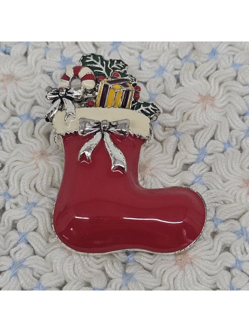 Vintage Christmas Stocking Brooch Pin Red Enamel Santa Boot Present Candy Cane